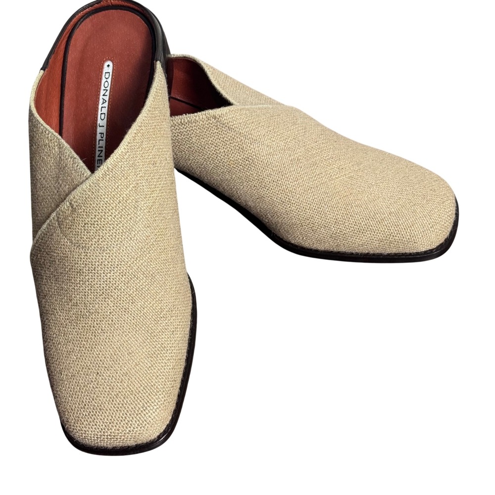 Donald J Pliner Beige Woven Fabric Mules Square Toe Block Heel Womens 8.5M